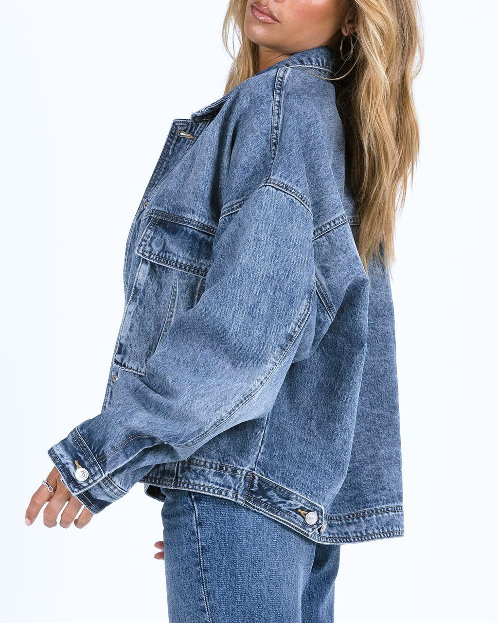 Slouchy Washed Denim Jacket With Flap Pockets - Blue - 2