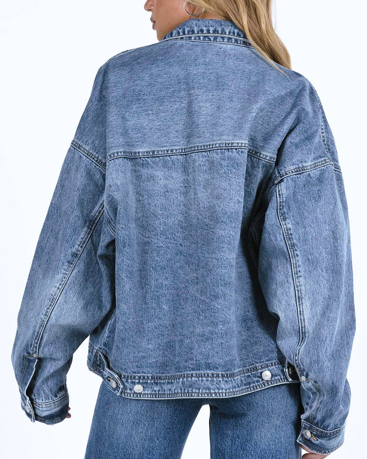 Slouchy Washed Denim Jacket With Flap Pockets - Blue - 3