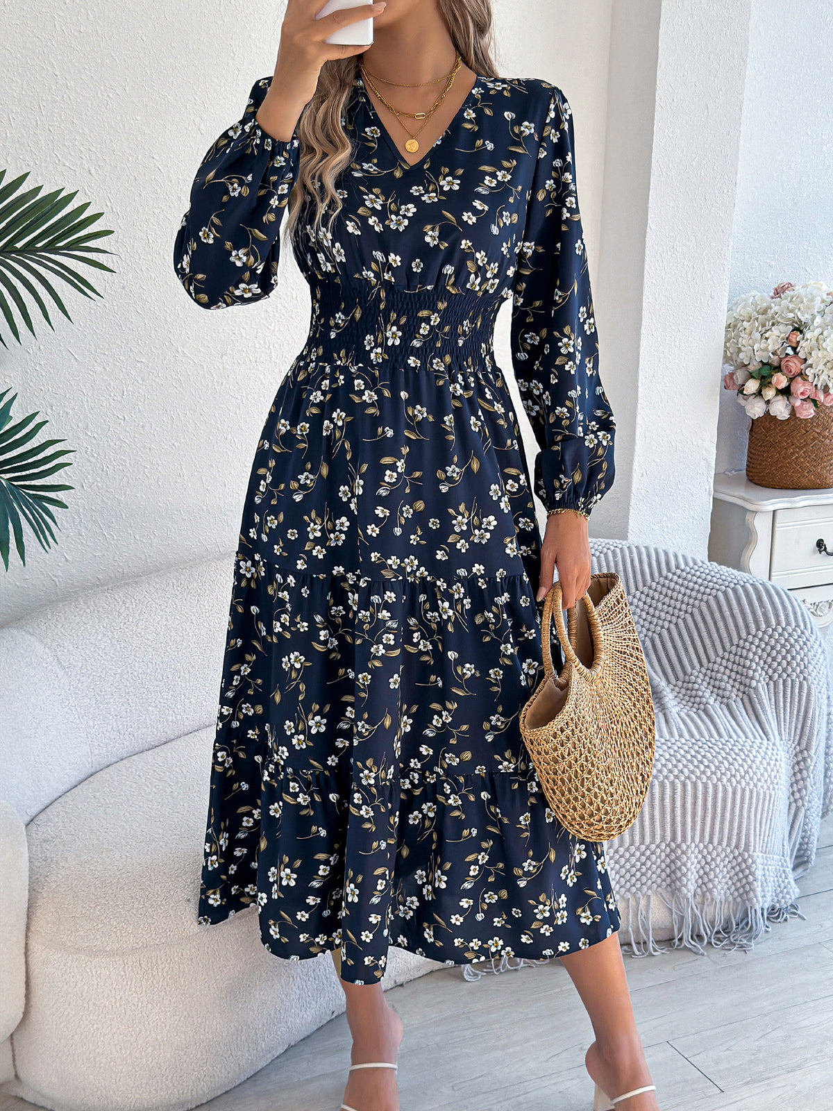 Ditsy Floral Long Sleeve Tiered Midi Dress - Navyblue