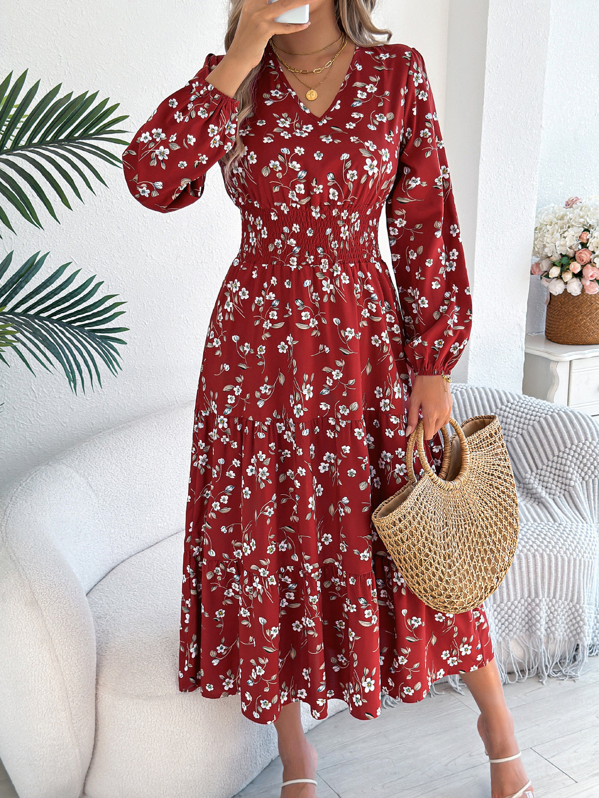 Ditsy Floral Long Sleeve Tiered Midi Dress - Winered
