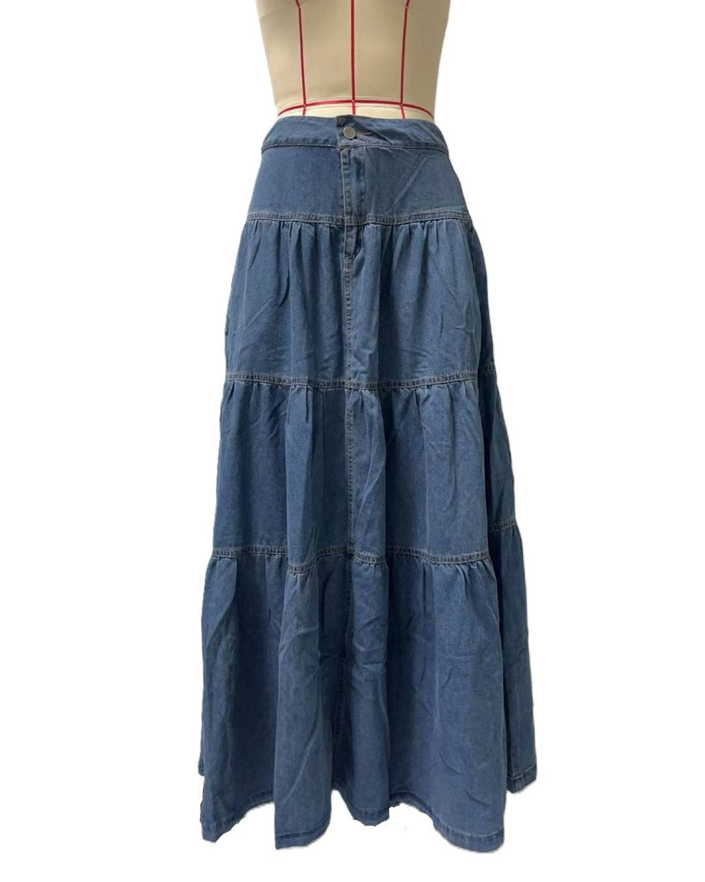 Western Tiered Denim Maxi Skirt - Blue