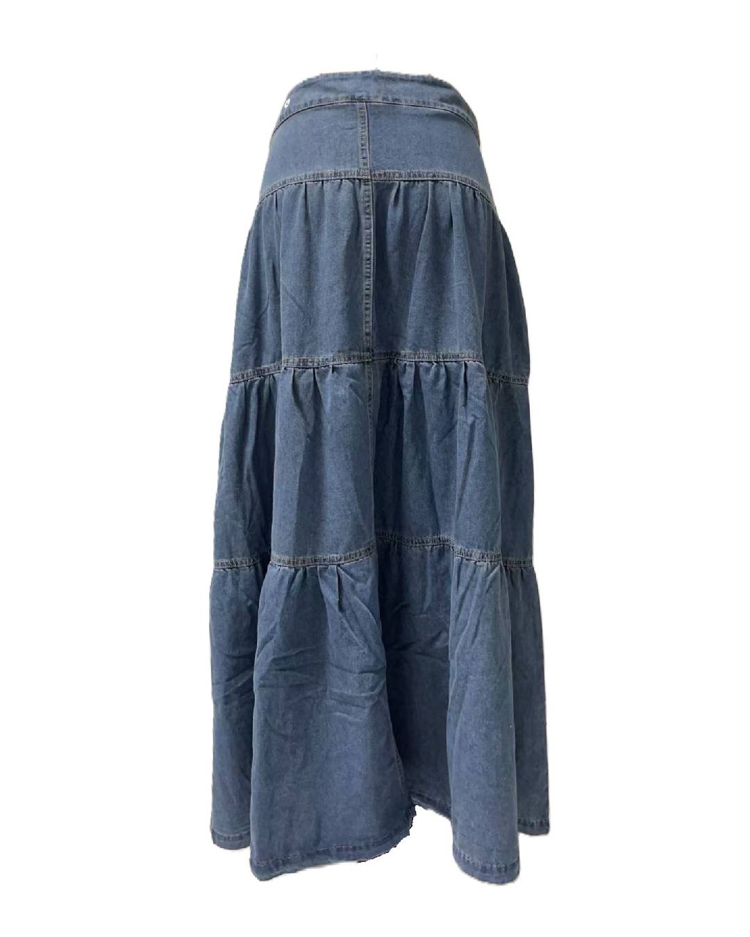 Western Tiered Denim Maxi Skirt - Blue - 1