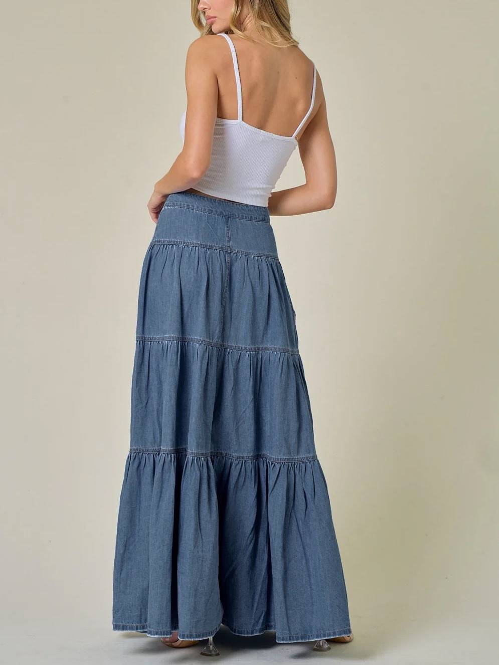 Western Tiered Denim Maxi Skirt - Blue - 2