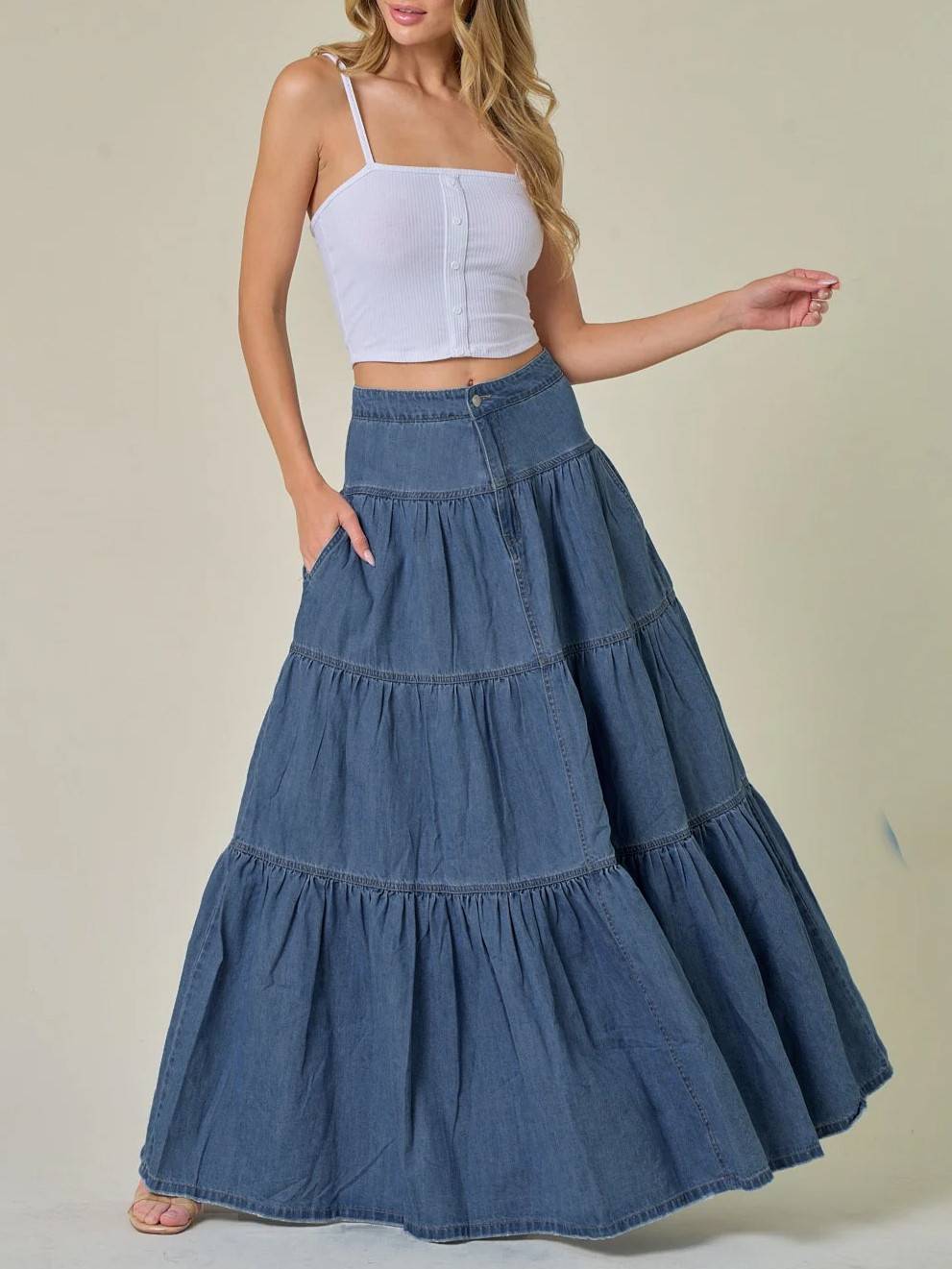 Western Tiered Denim Maxi Skirt - Blue - 3