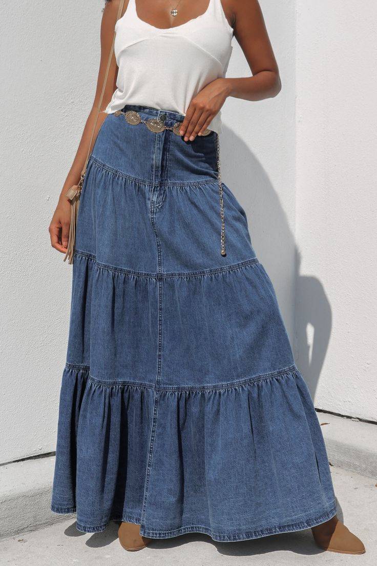 Western Tiered Denim Maxi Skirt - Blue - 4