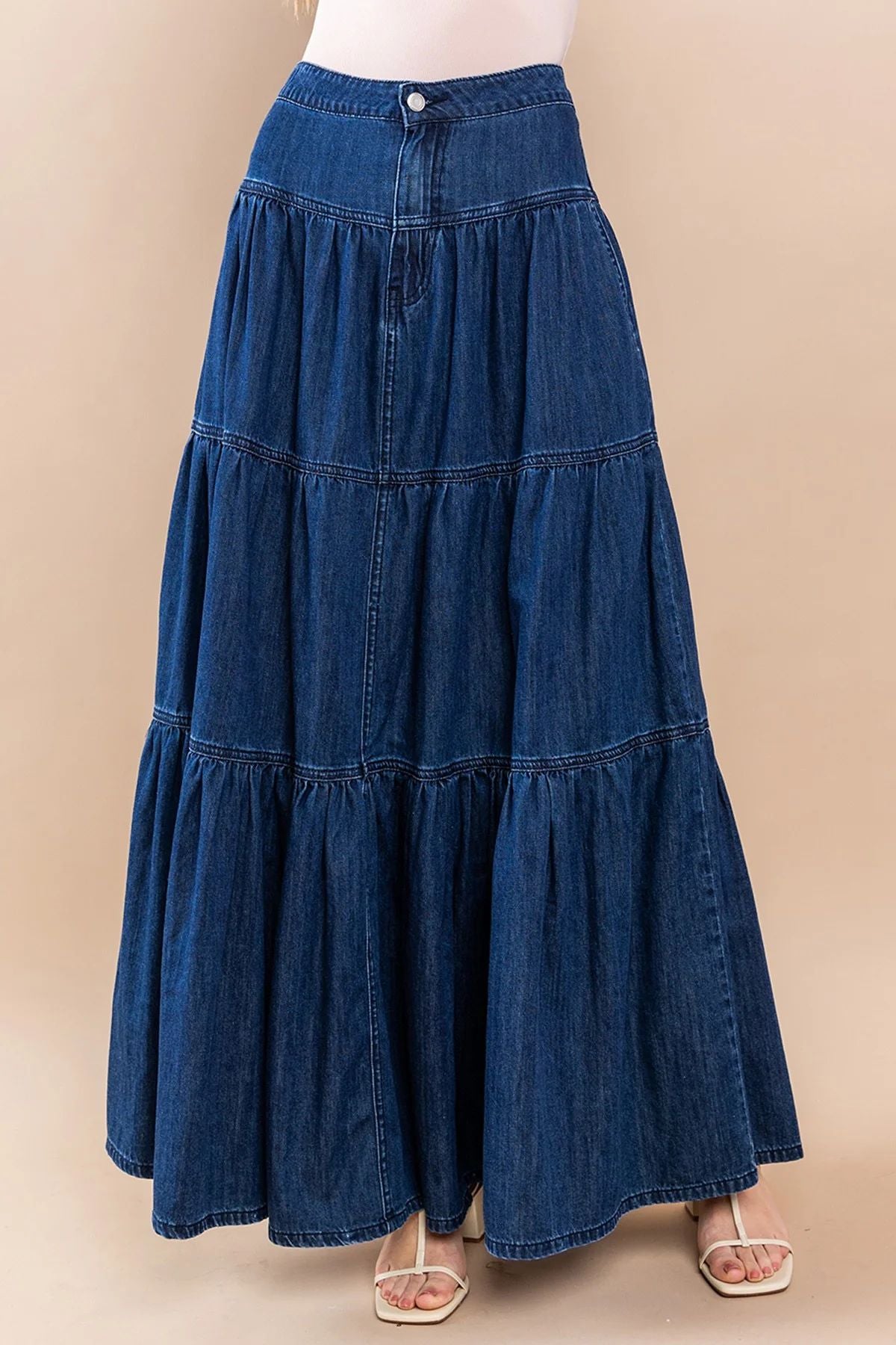 Western Tiered Denim Maxi Skirt - DarkBlue