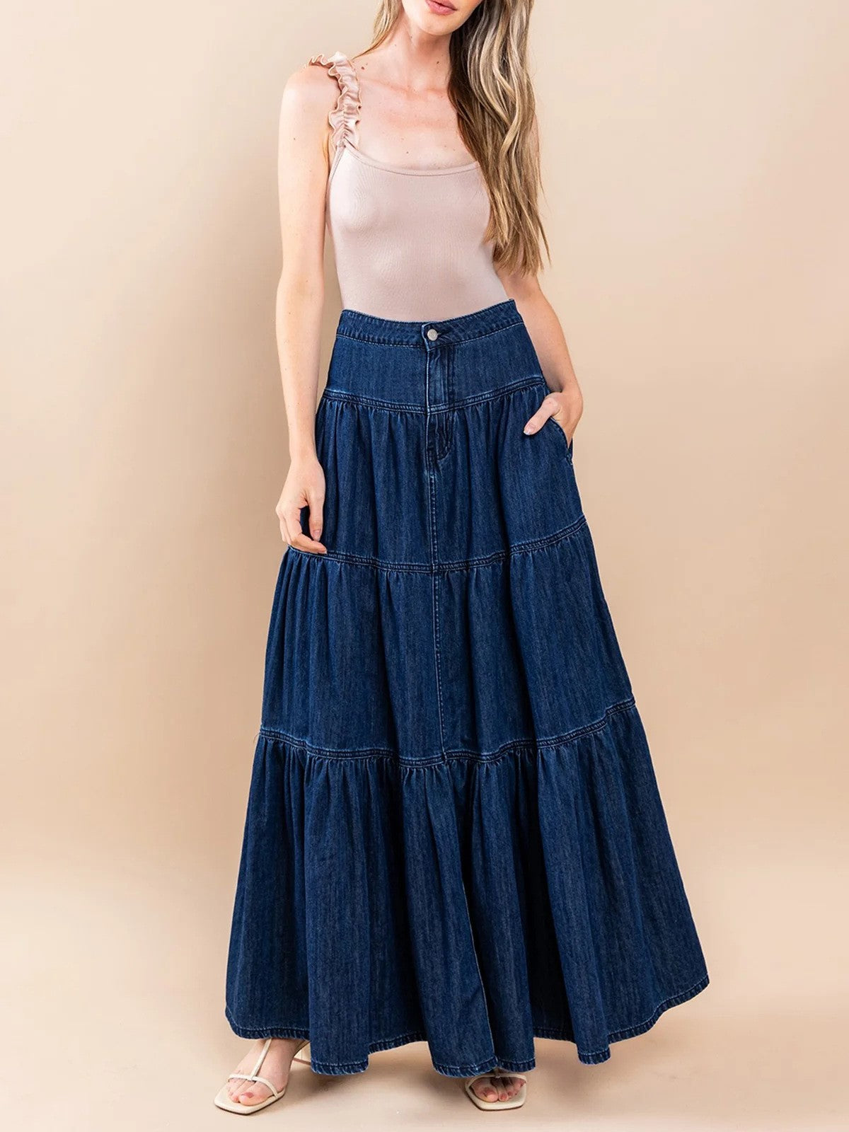 Western Tiered Denim Maxi Skirt - DarkBlue - 1