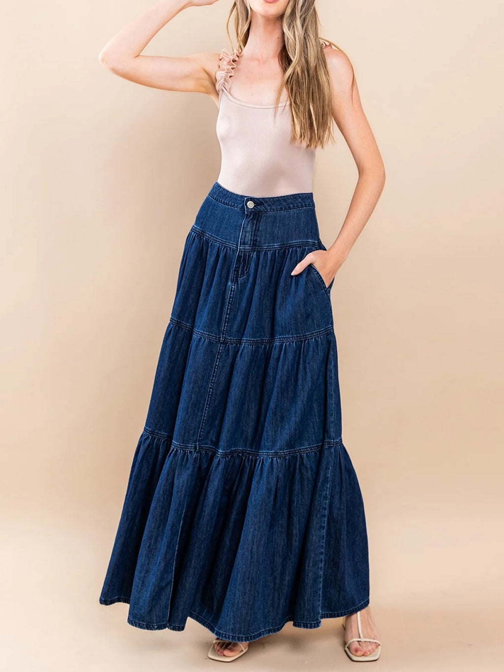 Western Tiered Denim Maxi Skirt - DarkBlue - 2