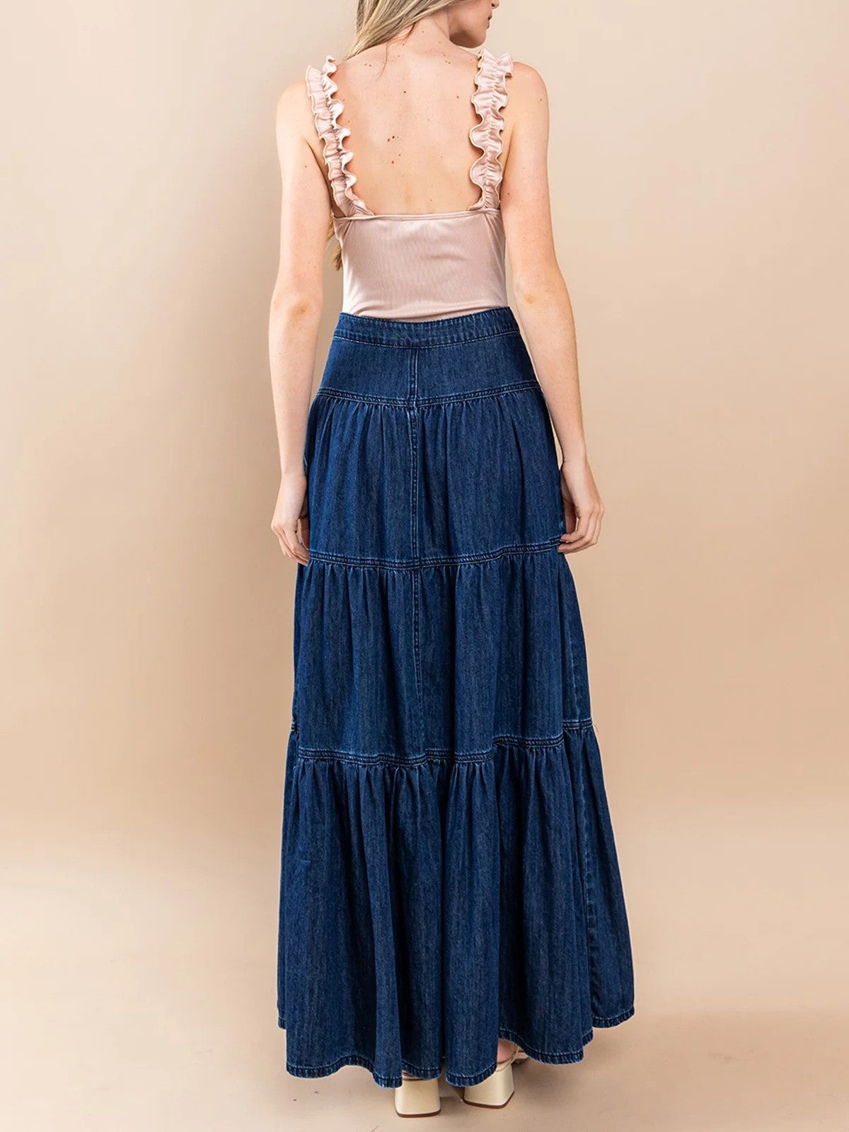 Western Tiered Denim Maxi Skirt - DarkBlue - 3