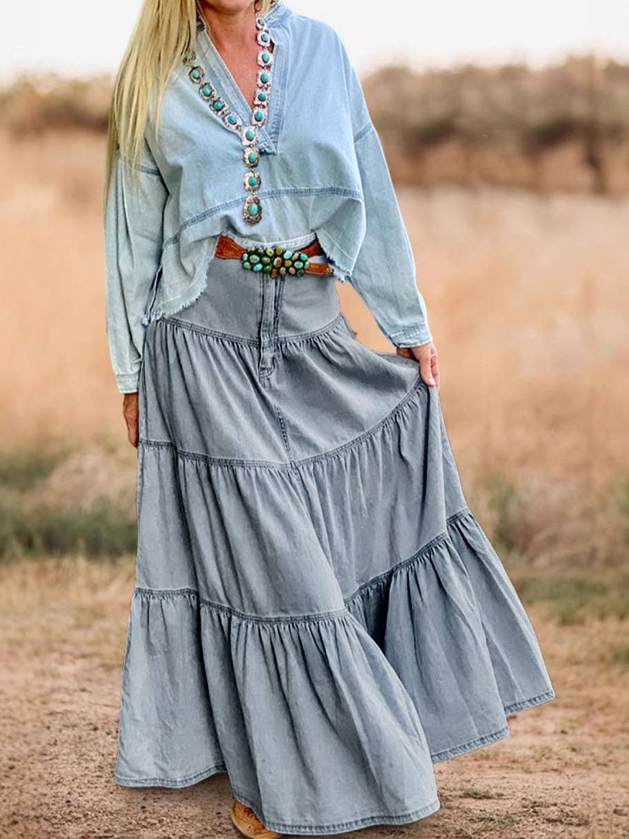 Western Tiered Denim Maxi Skirt - LtBlue
