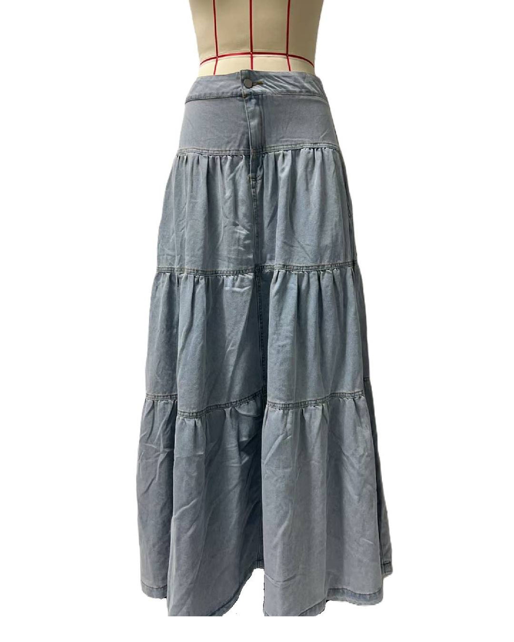 Western Tiered Denim Maxi Skirt - LtBlue - 1