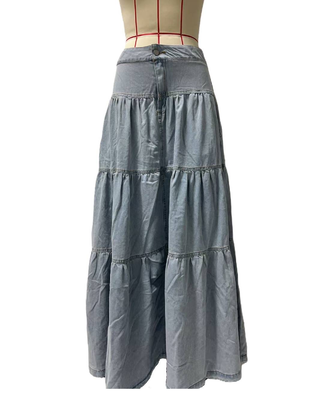 Western Tiered Denim Maxi Skirt - LtBlue - 1