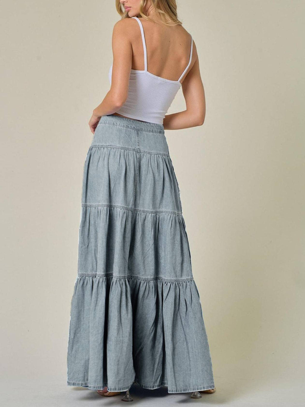 Western Tiered Denim Maxi Skirt - LtBlue - 2