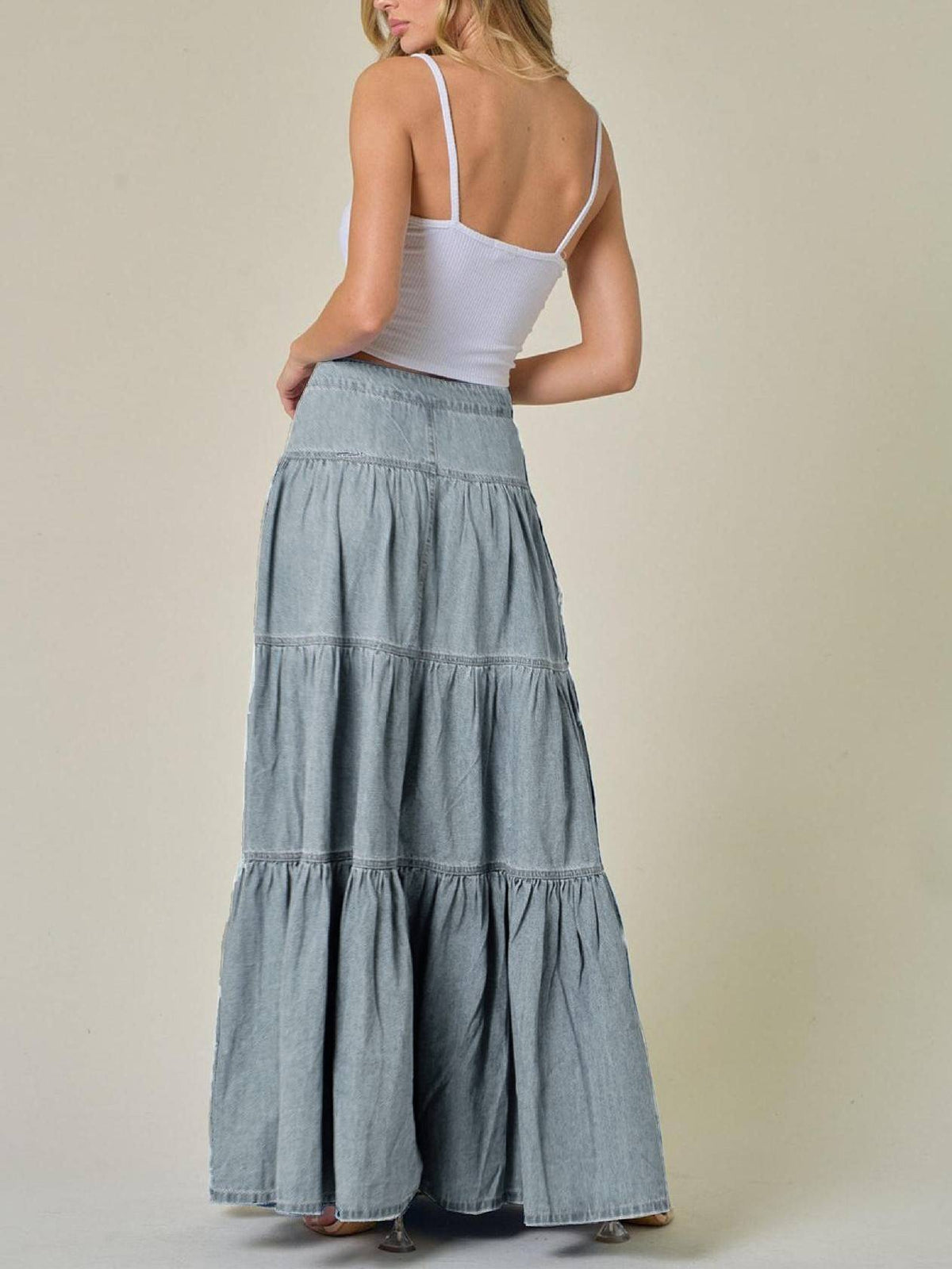 Western Tiered Denim Maxi Skirt - LtBlue - 2