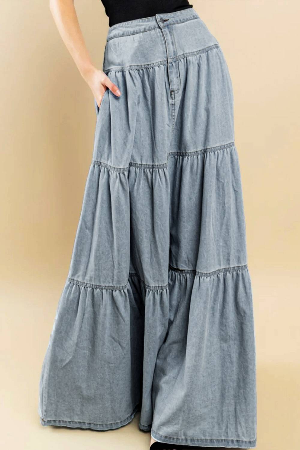 Western Tiered Denim Maxi Skirt - LtBlue - 3