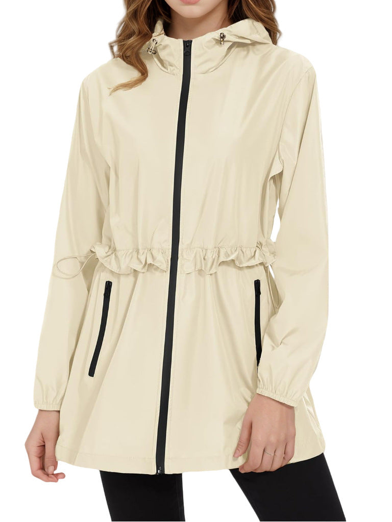 Hooded Waterproof Rain Jacket With Drawstring Waist - Apricot