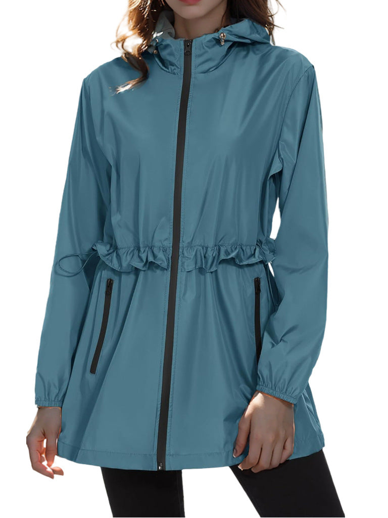 Hooded Waterproof Rain Jacket With Drawstring Waist - Blue