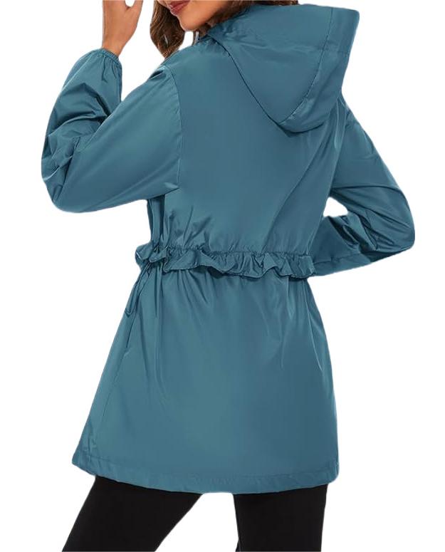 Hooded Waterproof Rain Jacket With Drawstring Waist - Blue - 1