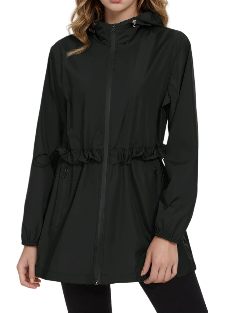 Hooded Waterproof Rain Jacket With Drawstring Waist - black