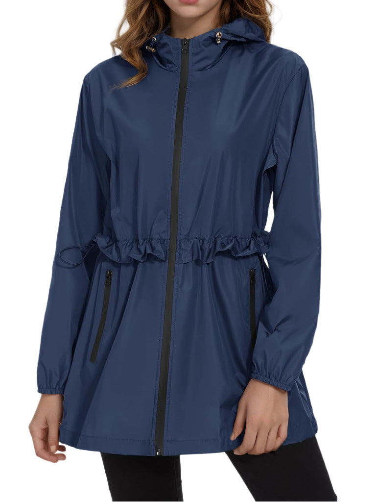 Hooded Waterproof Rain Jacket With Drawstring Waist - darkBlue