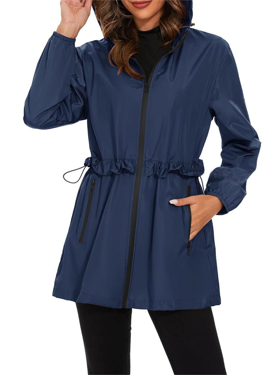 Hooded Waterproof Rain Jacket With Drawstring Waist - darkBlue - 1