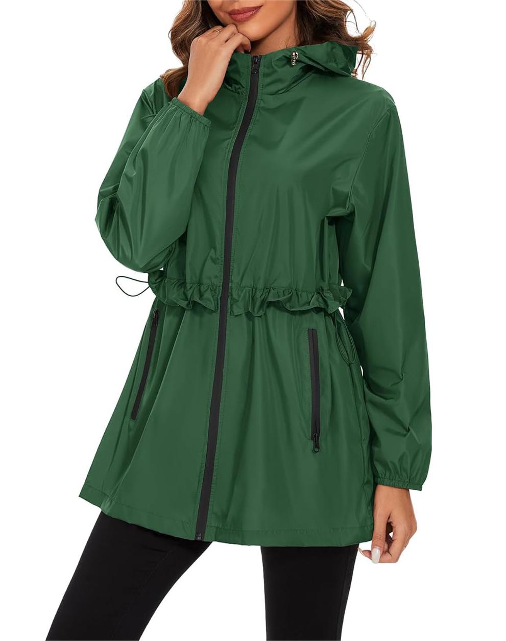 Hooded Waterproof Rain Jacket With Drawstring Waist - green