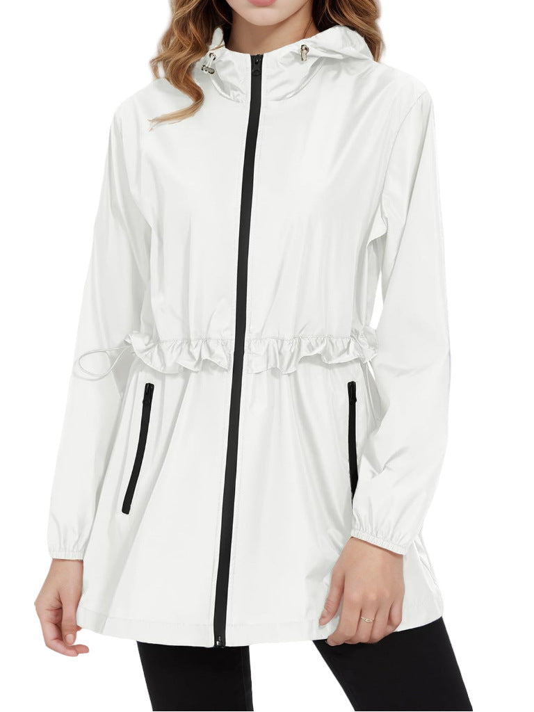 Hooded Waterproof Rain Jacket With Drawstring Waist - white