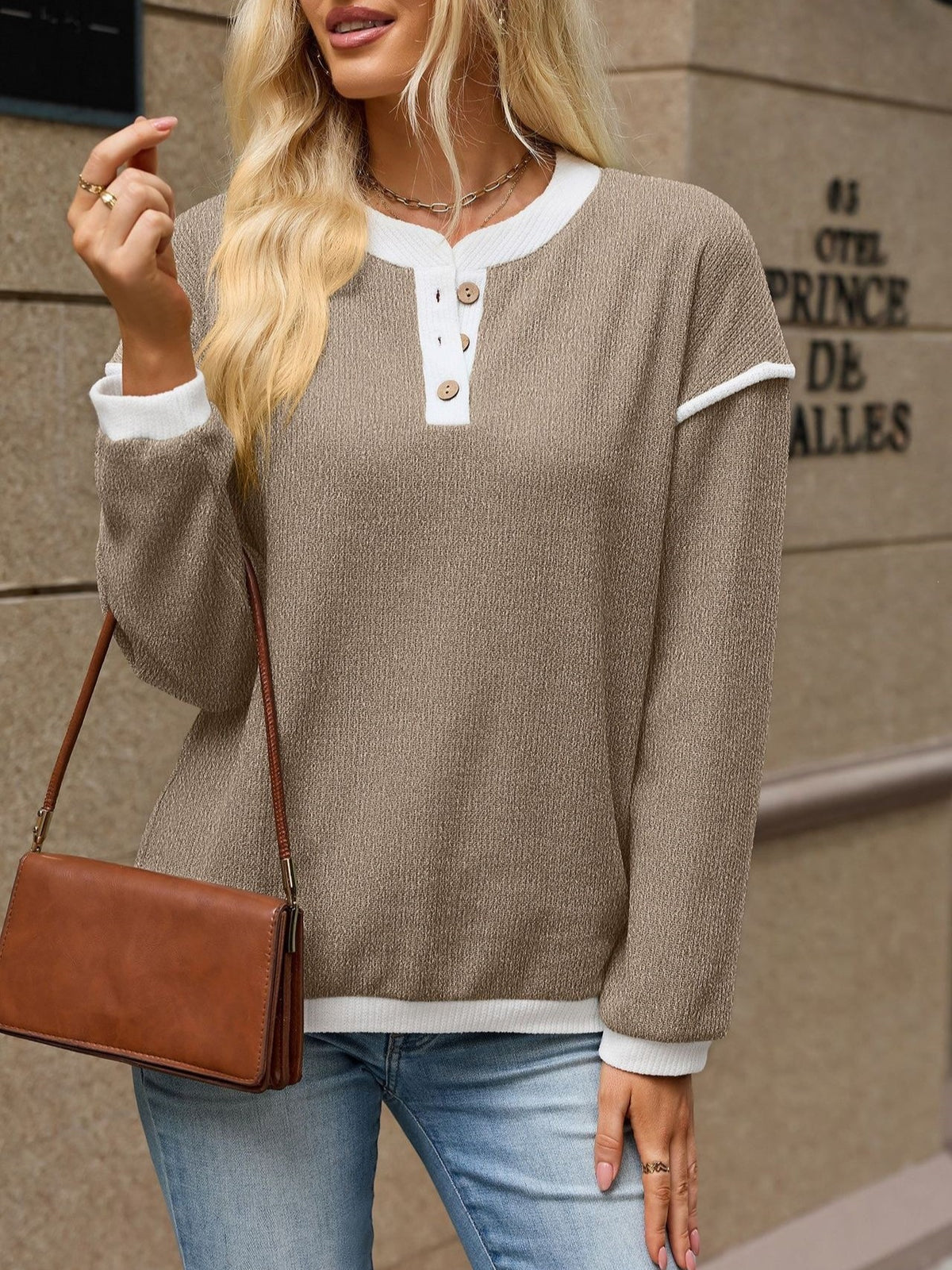 Contrast Trim Button Henley Long Sleeve Blouse - Coffee
