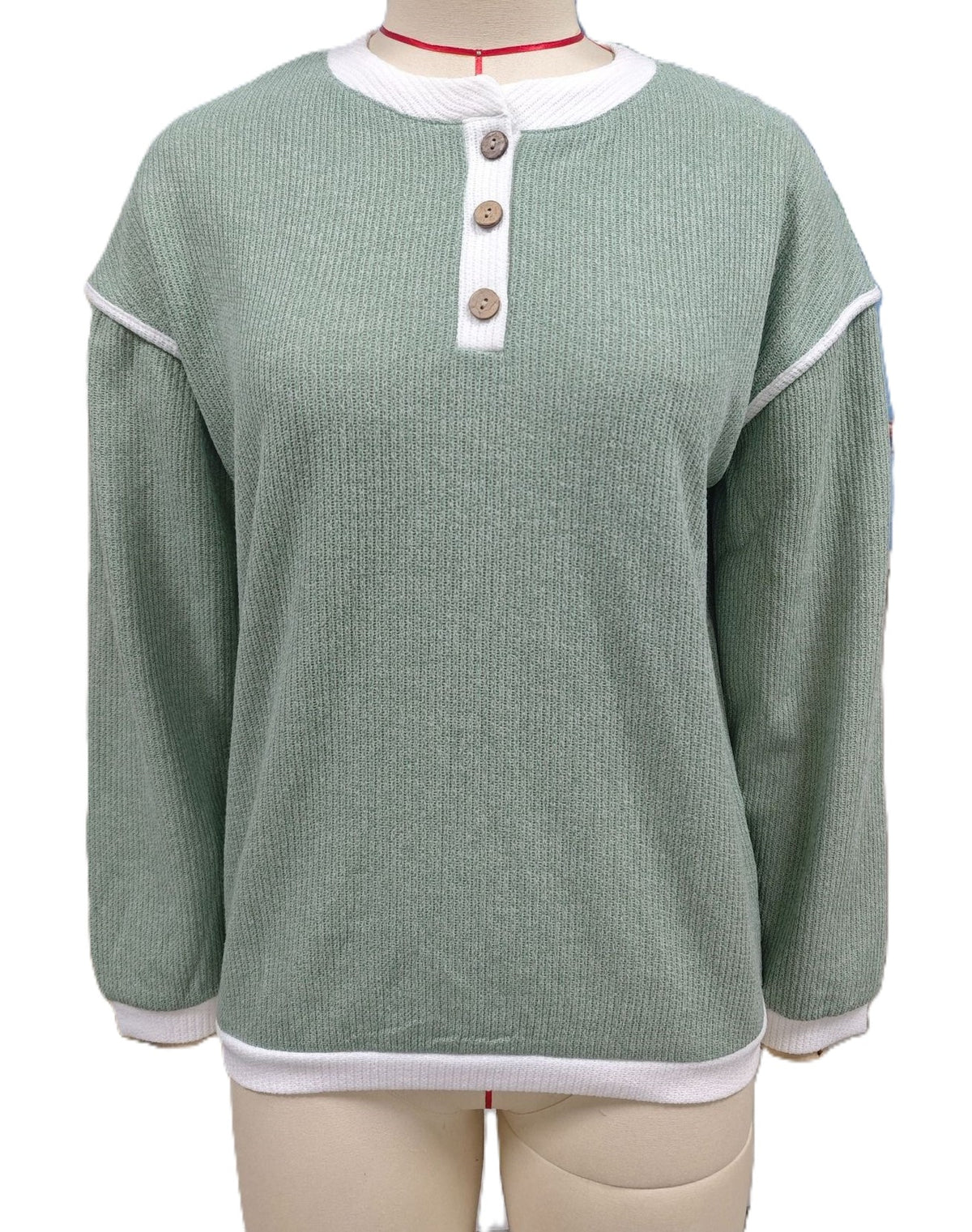 Contrast Trim Button Henley Long Sleeve Blouse - Green