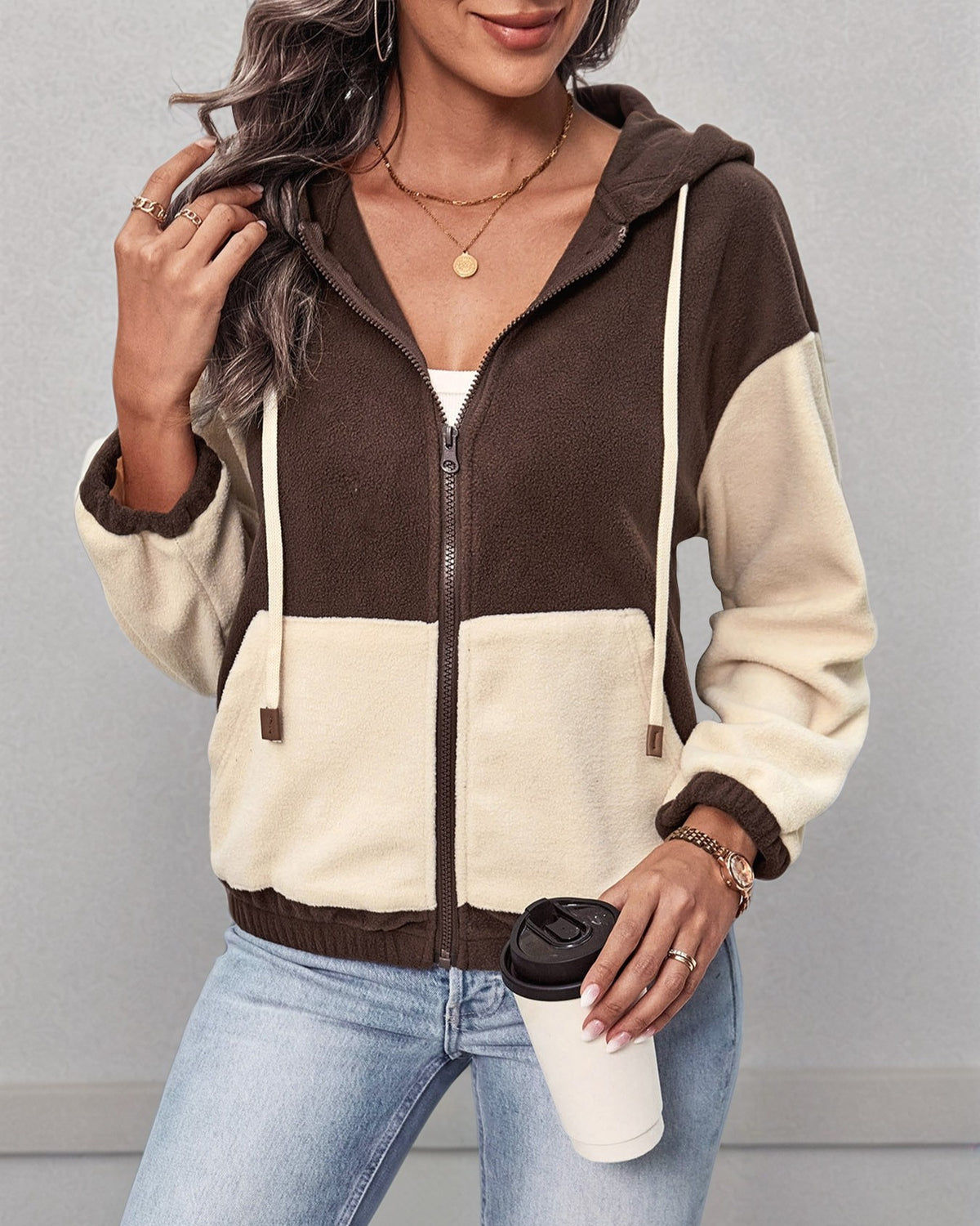 Colorblock Polar Fleece Hooded Zip Coat - Brown