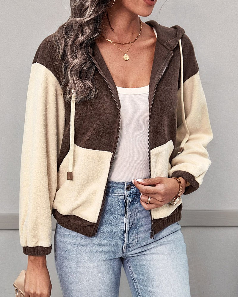 Colorblock Polar Fleece Hooded Zip Coat - Brown - 1