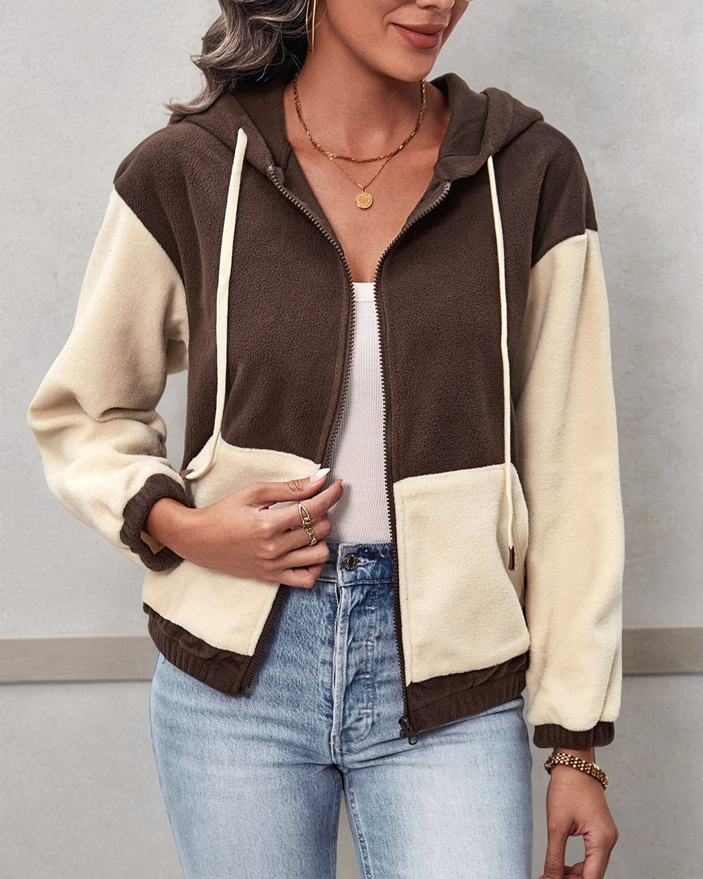 Colorblock Polar Fleece Hooded Zip Coat - Brown - 2