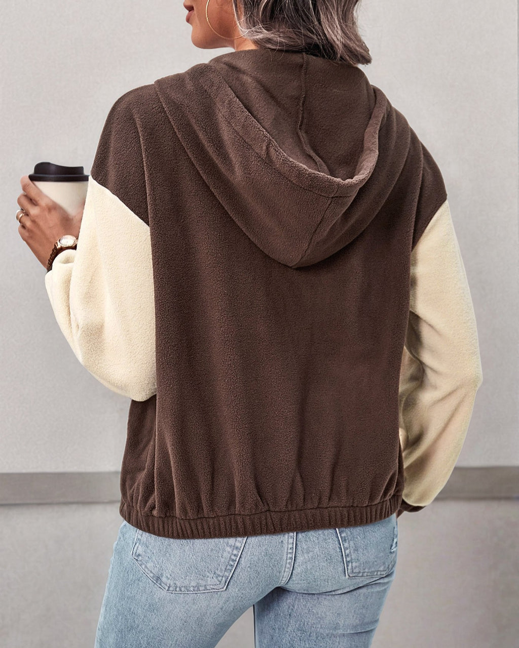 Colorblock Polar Fleece Hooded Zip Coat - Brown - 3