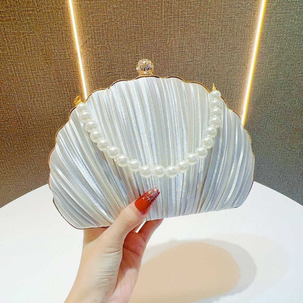 Pleated Shell Evening Clutch with Pearl Handle - Ivory