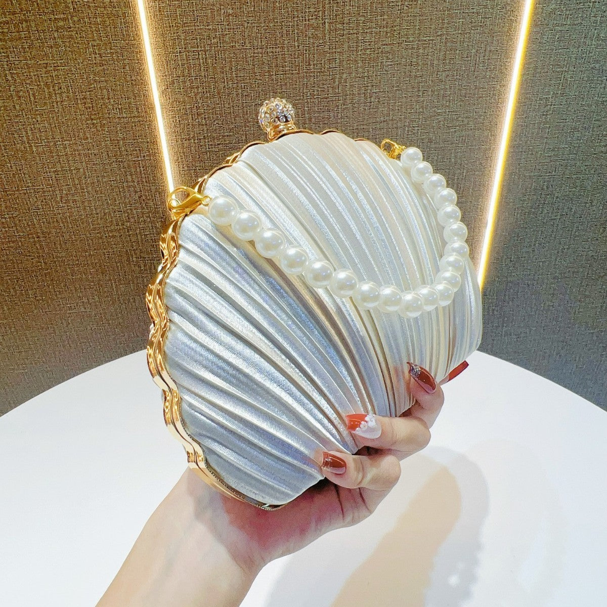 Pleated Shell Evening Clutch with Pearl Handle