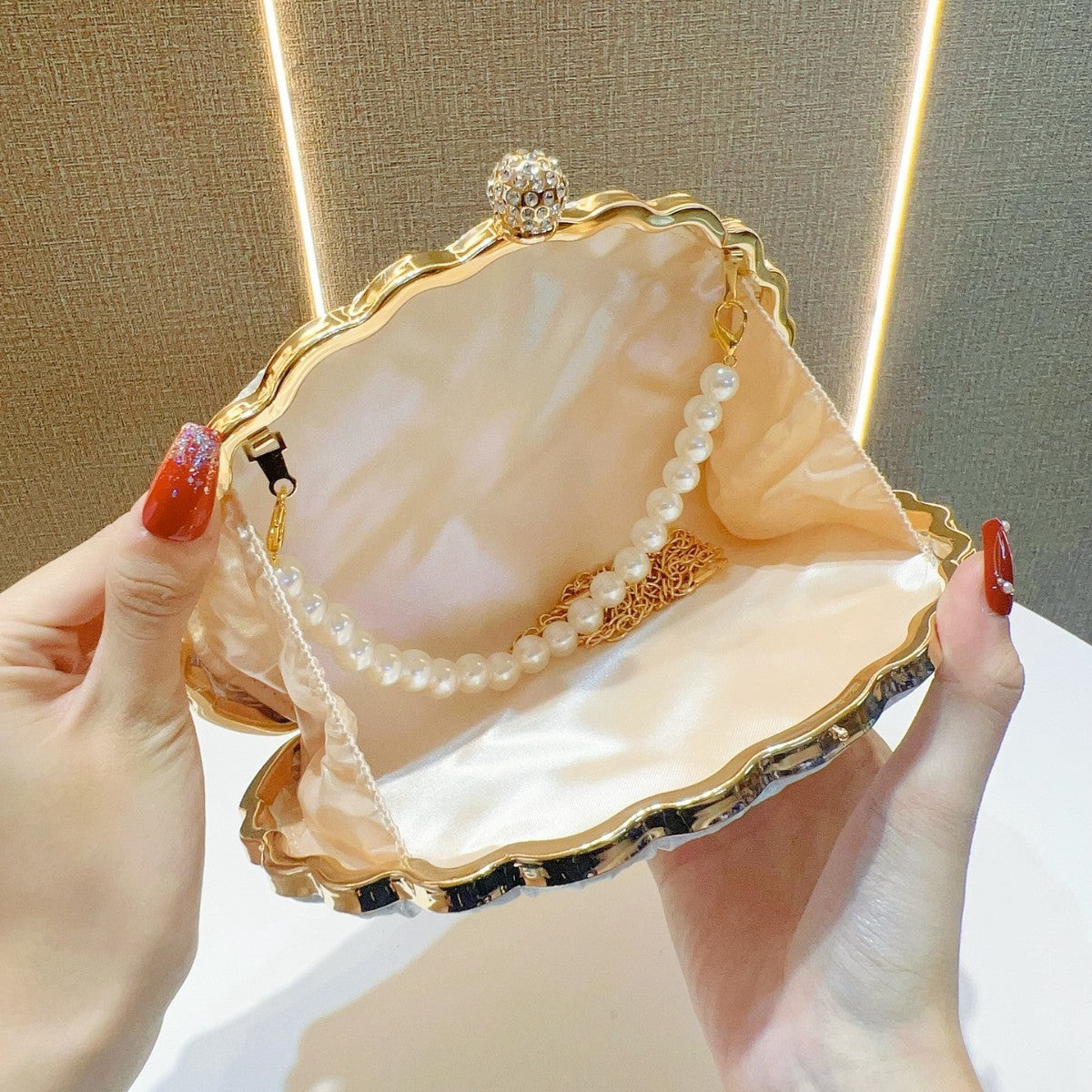 Pleated Shell Evening Clutch with Pearl Handle