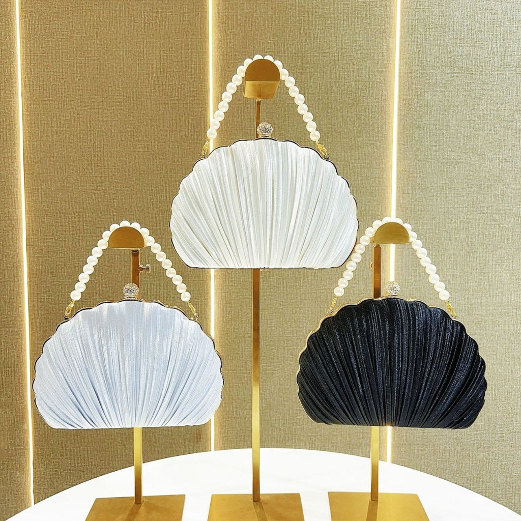 Pleated Shell Evening Clutch with Pearl Handle