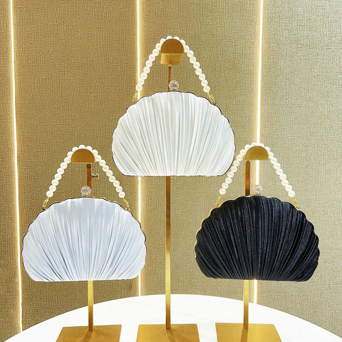 Pleated Shell Evening Clutch with Pearl Handle