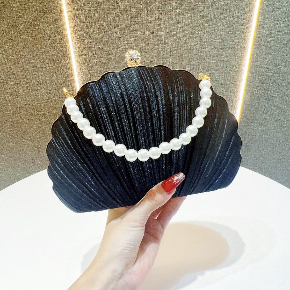 Pleated Shell Evening Clutch with Pearl Handle