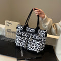 Leopard Print Multi Pocket Tote Bag - Black