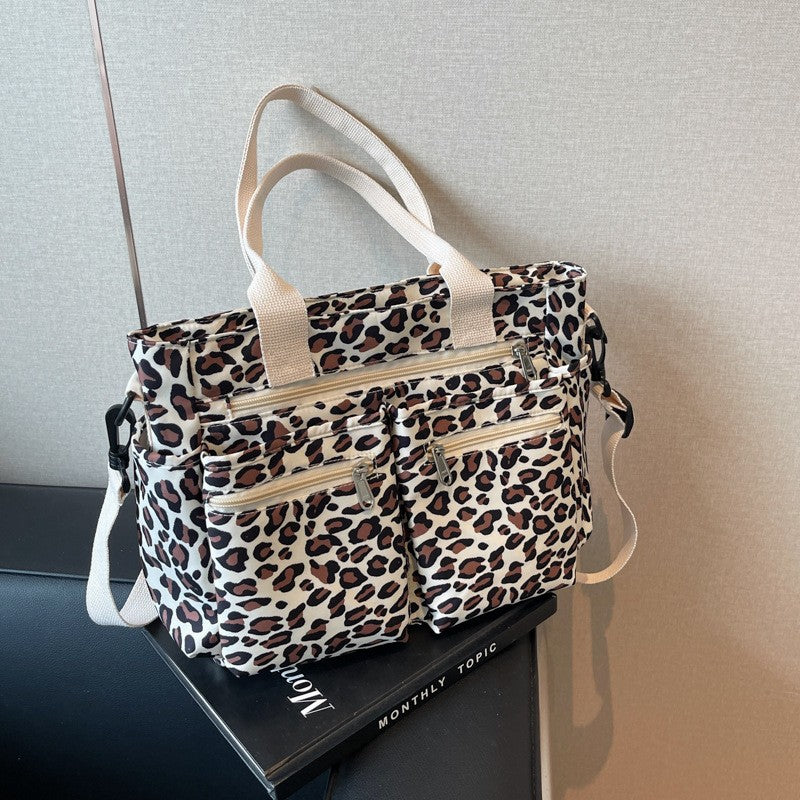Leopard Print Multi Pocket Tote Bag - Cream
