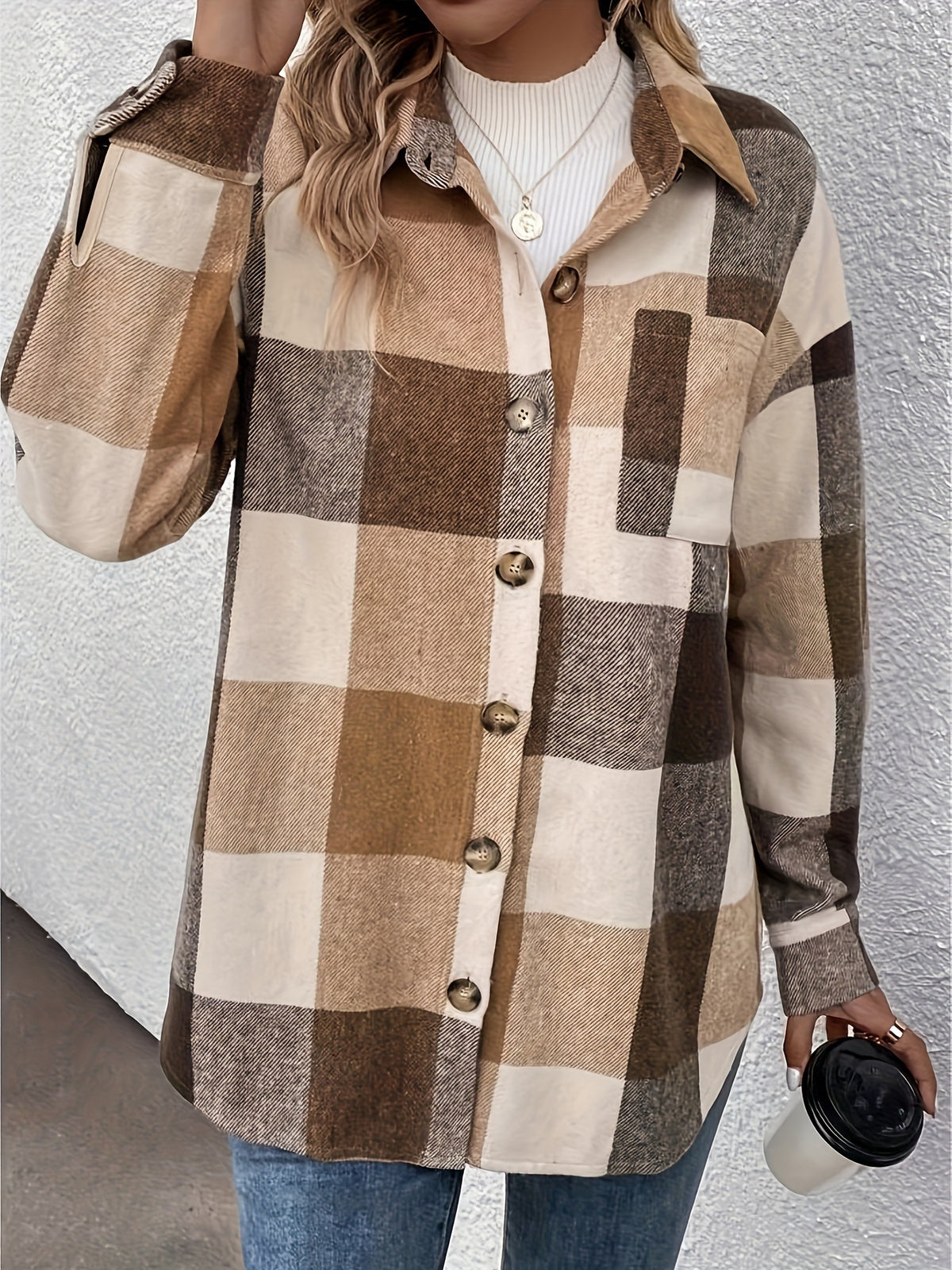 Camel Check Long Sleeve Button-Up Shirt - Camel