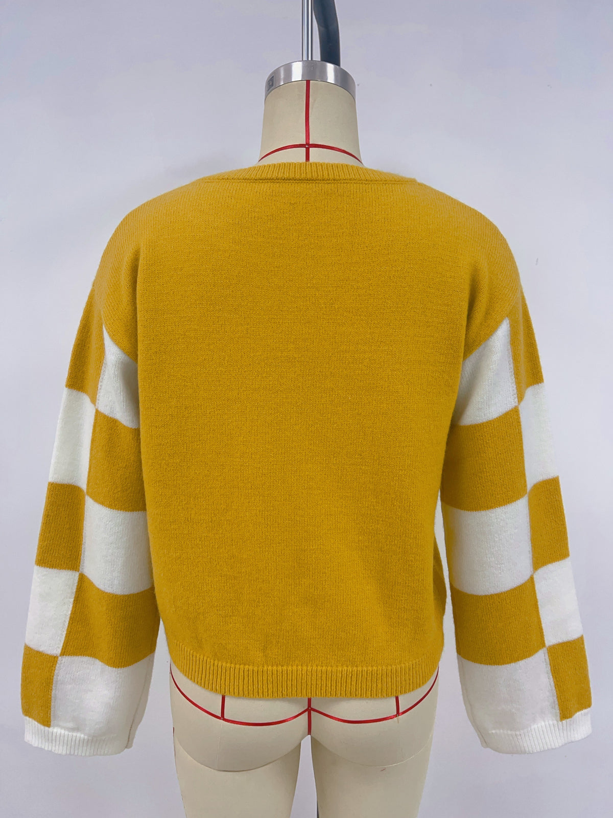 Checkerboard Sleeve Color Block Knit Sweater - Yellow - 1