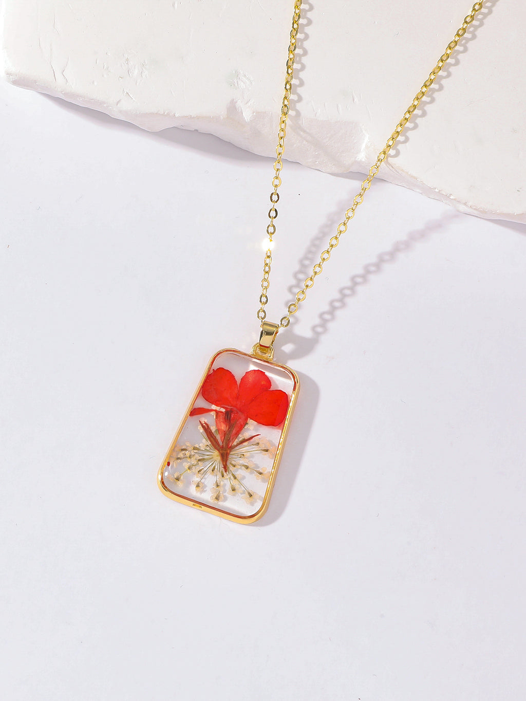 Pressed Flower Rectangle Resin Pendant Necklace - Color_03