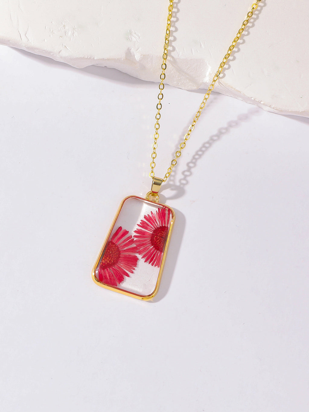 Pressed Flower Rectangle Resin Pendant Necklace - Color_04
