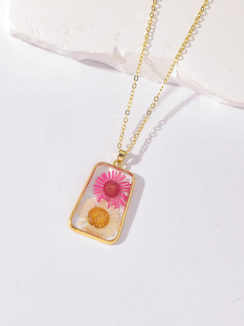 Pressed Flower Rectangle Resin Pendant Necklace - Color_06