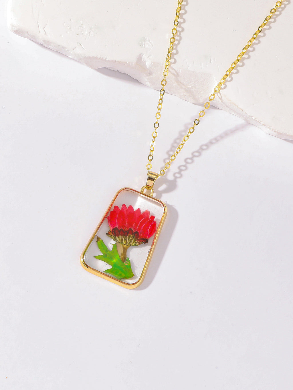 Pressed Flower Rectangle Resin Pendant Necklace - Color_08