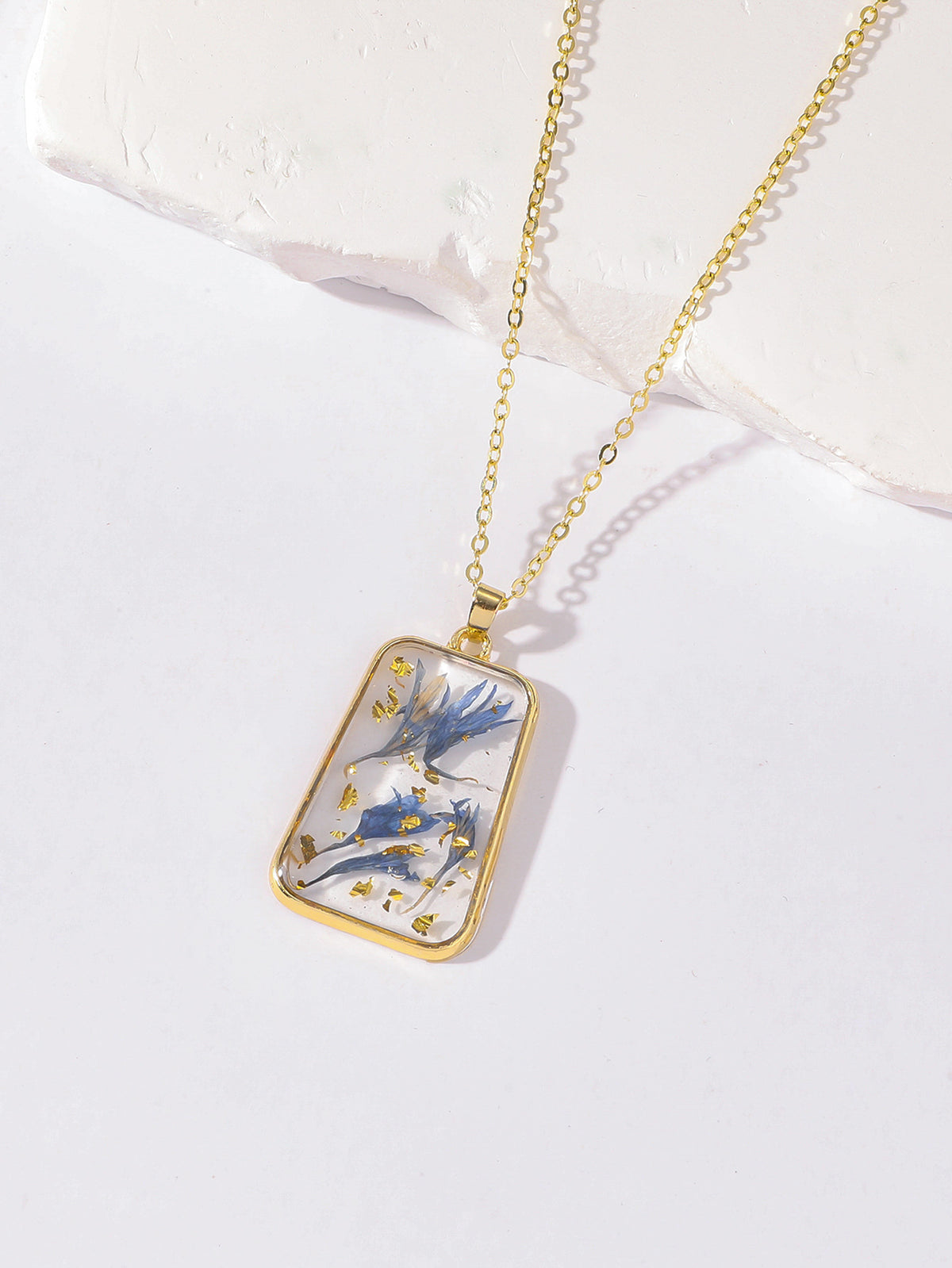 Pressed Flower Rectangle Resin Pendant Necklace - Color_11