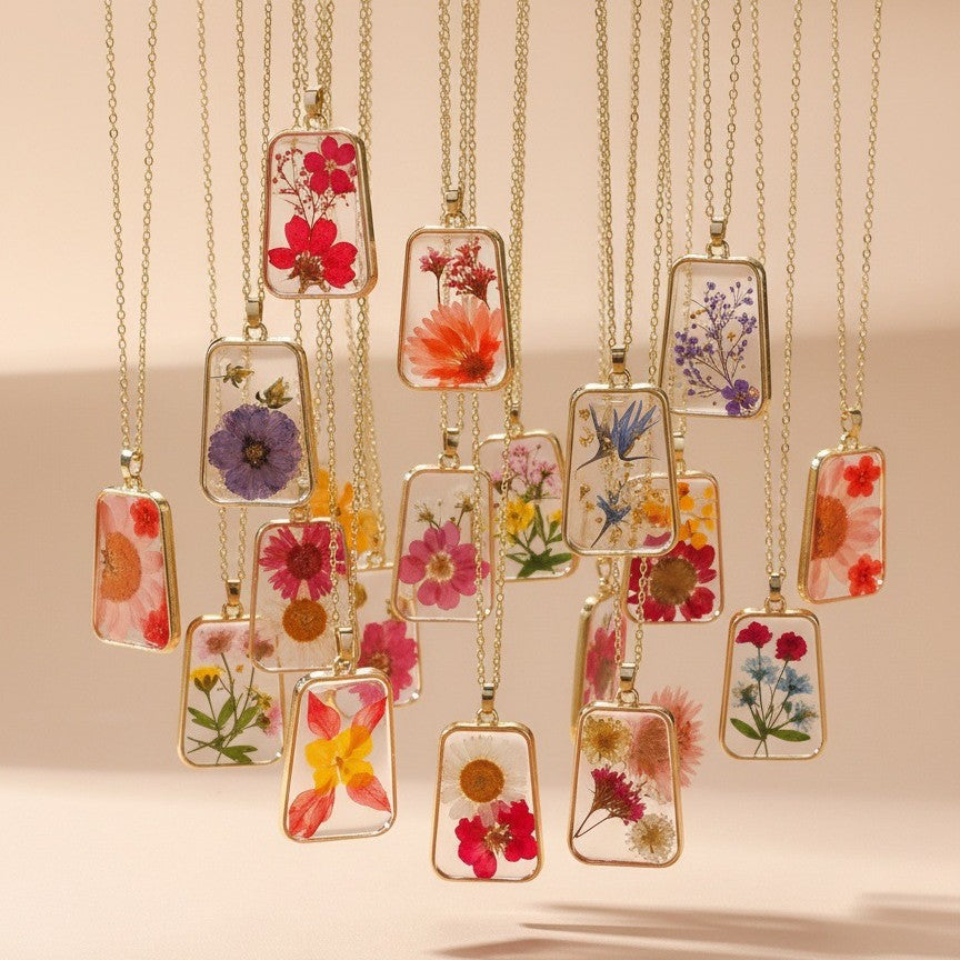 Pressed Flower Rectangle Resin Pendant Necklace