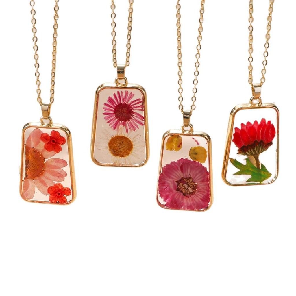 Pressed Flower Rectangle Resin Pendant Necklace - view 1